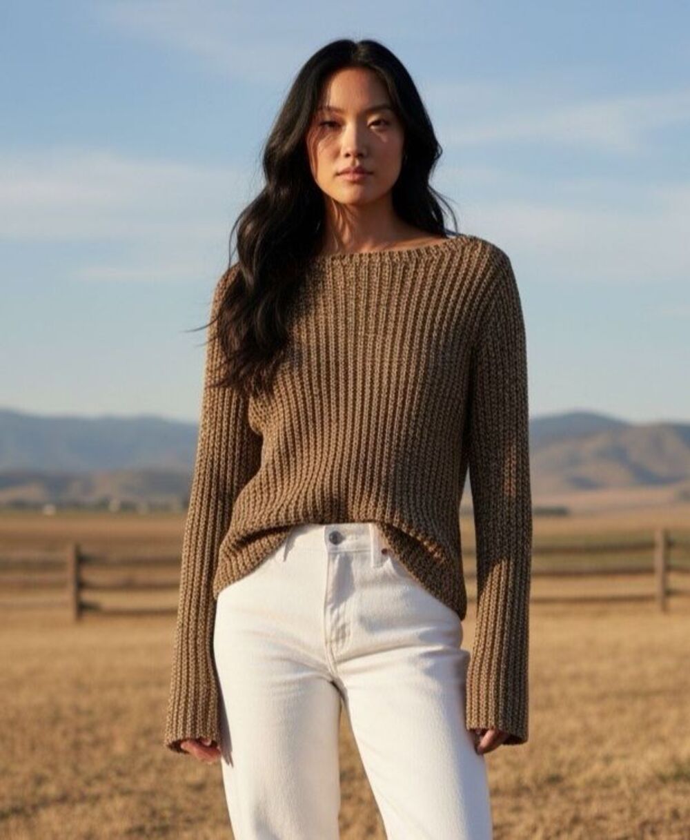 LRL Lauren Jean Co. Knit Sweater Womens XL chocolate/buff/gold natural XL luxury